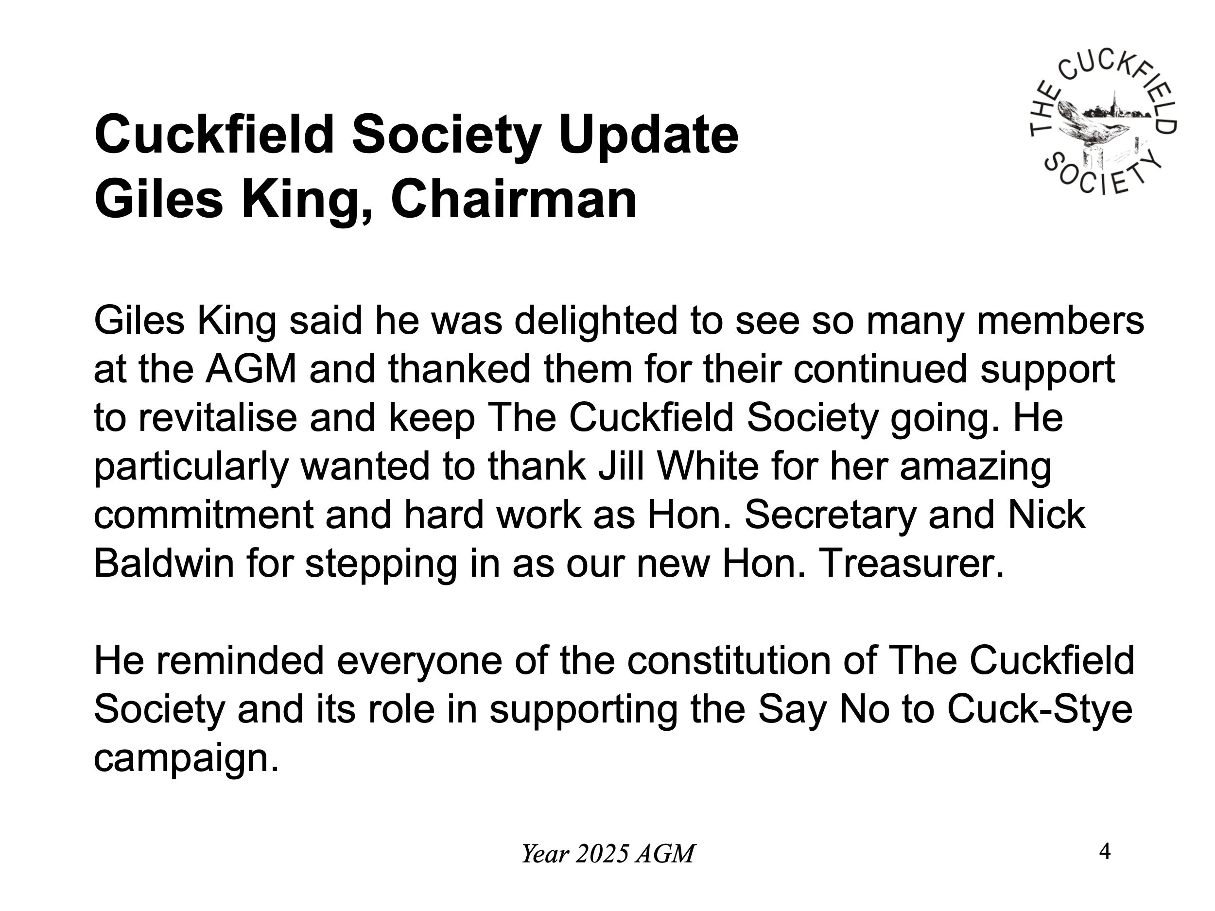 A document titled 'Cuckfield Society Update' with a logo of a bird on the right. The text mentions Giles King, Jill White, Nick Baldwin, and refers to the society's AGM and a campaign against cuck-stye.