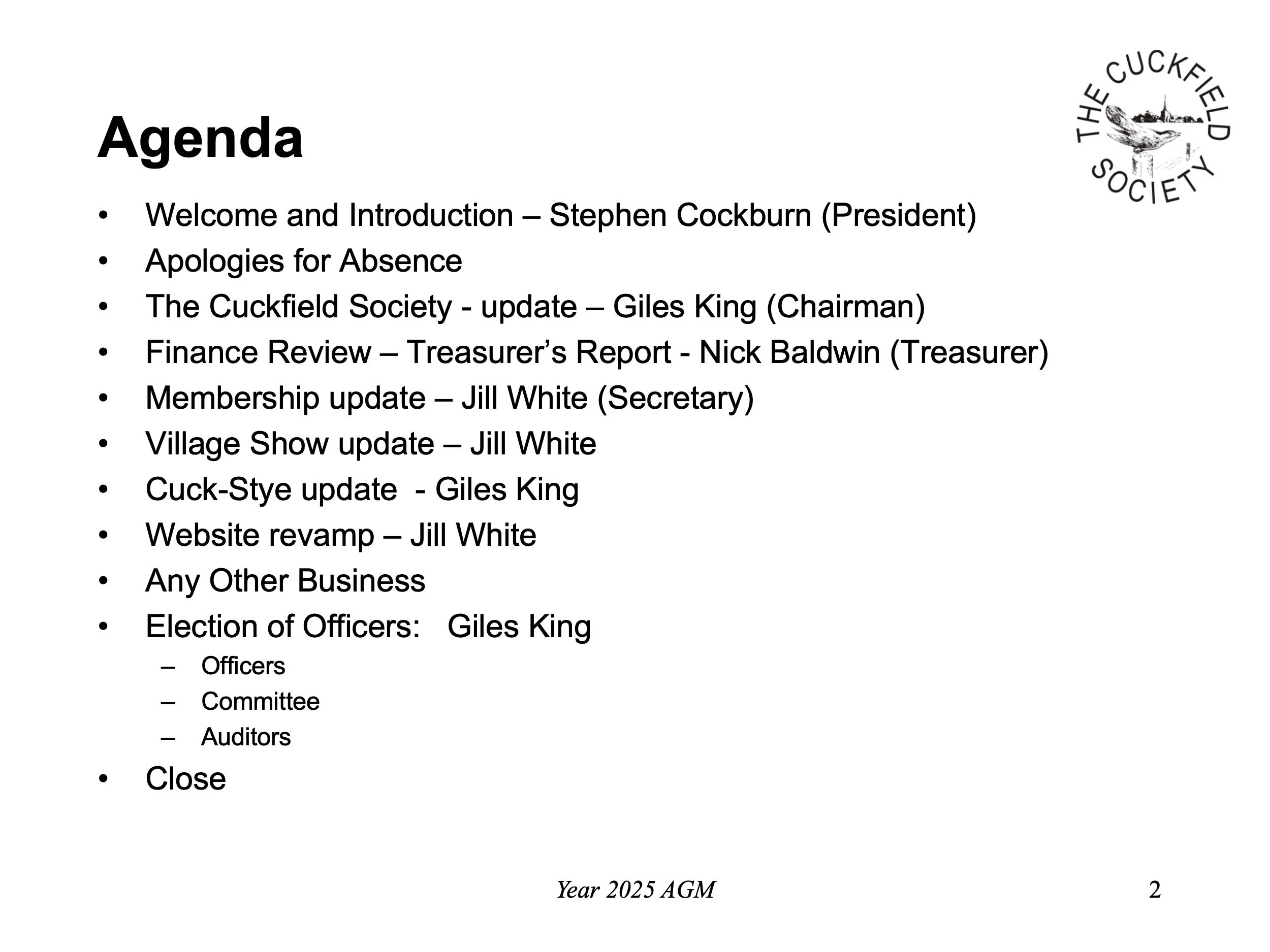 Agenda for a meeting including welcome, updates from Jill White and Giles King, website revamp, and election of officers, with the logo of The Cuckfield Society.