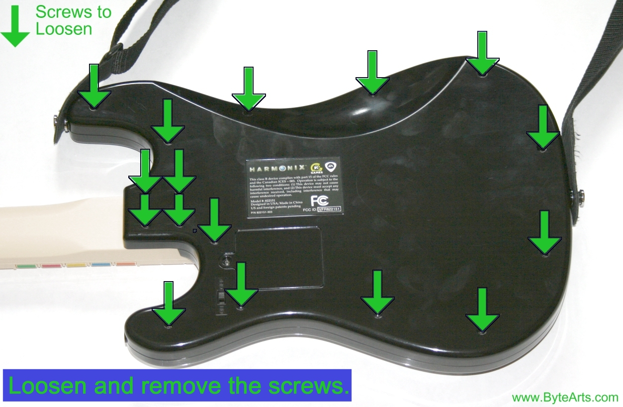 Back view of a black electronic guitar-shaped device with multiple green arrows pointing to screws, accompanied by instructional text indicating to loosen and remove the screws, along with a URL at the bottom right.