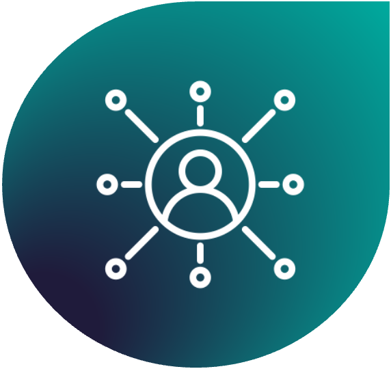Icon of a person at the center connected to multiple circles representing network or connections.