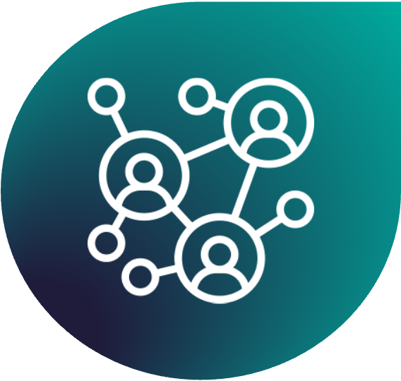 Icon of interconnected people, representing social network or connections.