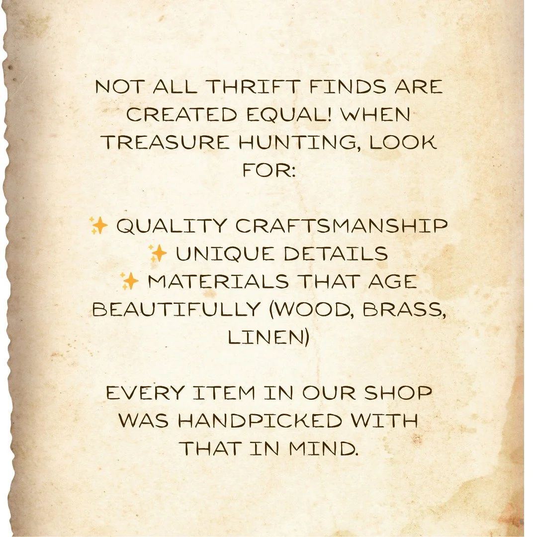 Not all thrift finds are created equal! When treasure hunting, look for:
✨ Quality craftsmanship
✨ Unique details
✨ Materials that age beautifully (wood, brass, linen)
Every item in our shop was handpicked with that in mind.
#ThriftingTips #Curated