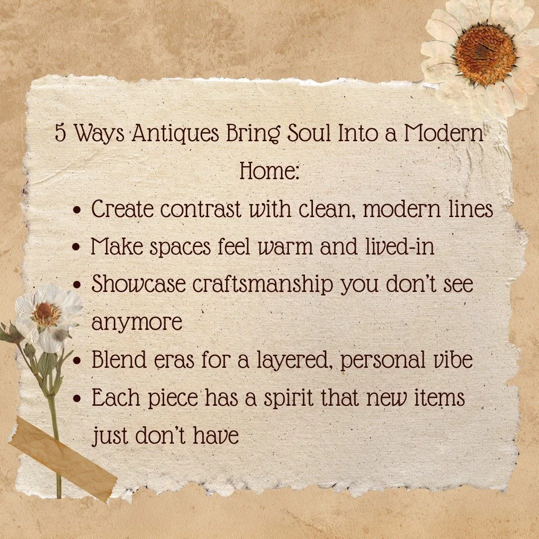 5 Ways Antiques Bring Soul Into a Modern Home

#Antiques #AntiqueDecor  #VintageVibes #VintageStyle  #VintageLovers #AntiqueStore  #AntiqueShopping
#VintageTreasure #AntiqueFinds #AntiqueCollector #VintageDecor #TimelessBeauty #PatinaLover #Provenanc