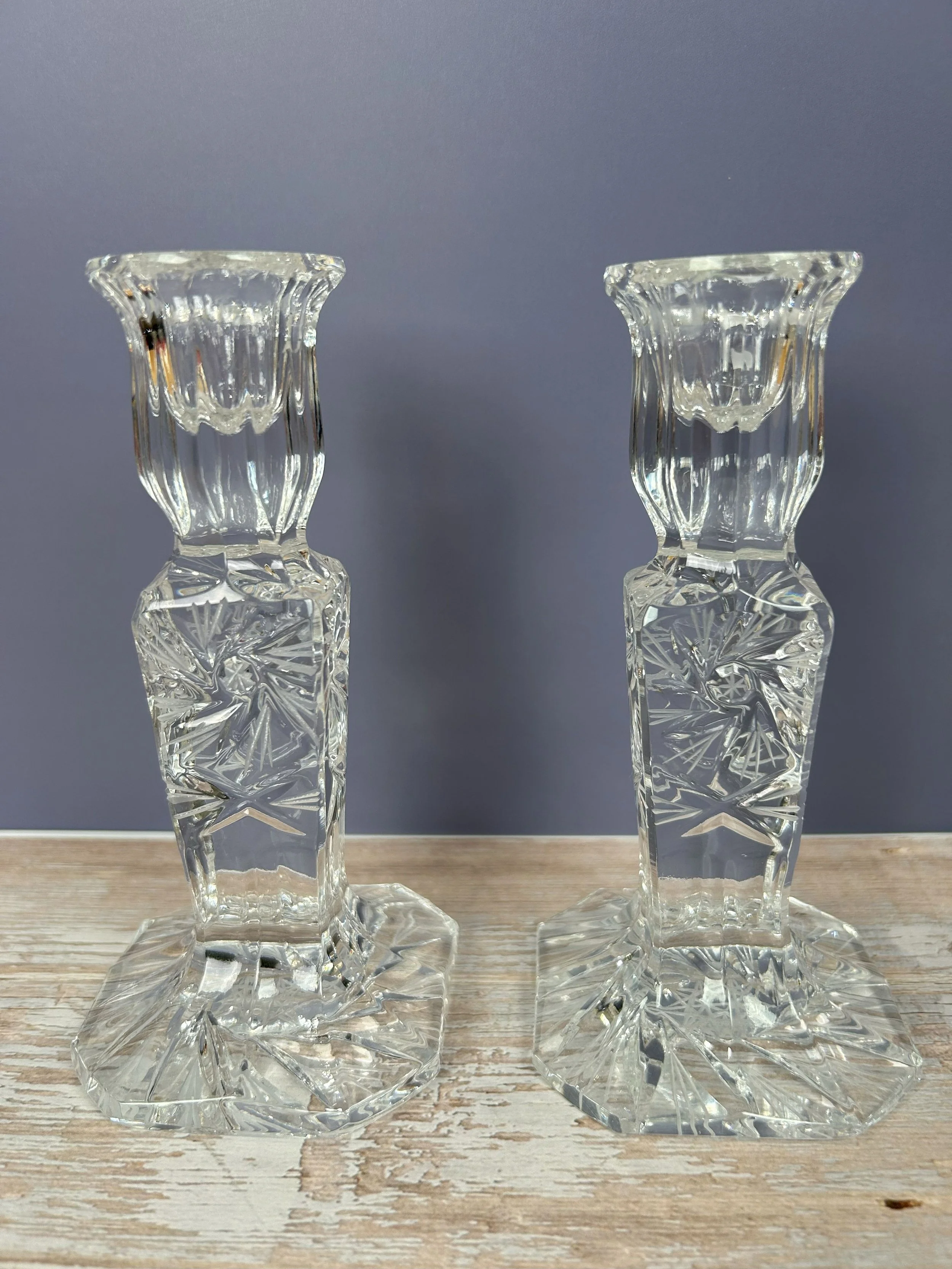 Bohemia Crystal Pinwheel Pedestal Candlestick Holders, Set of 2