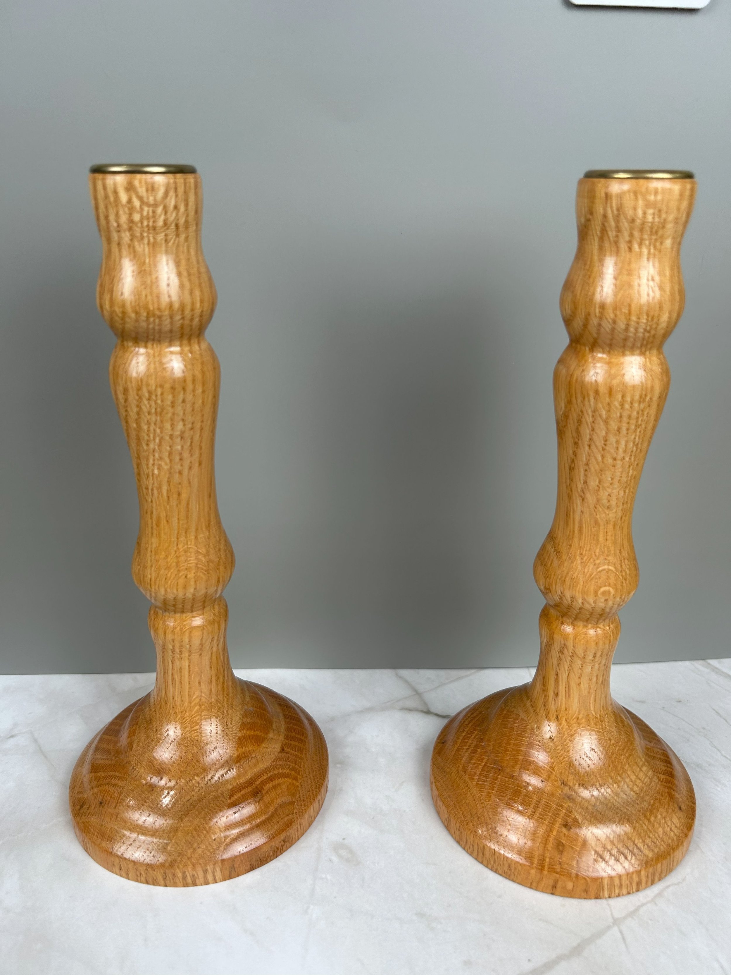Mid Century Wooden Candlestick Holders with Gold Metal Inlay