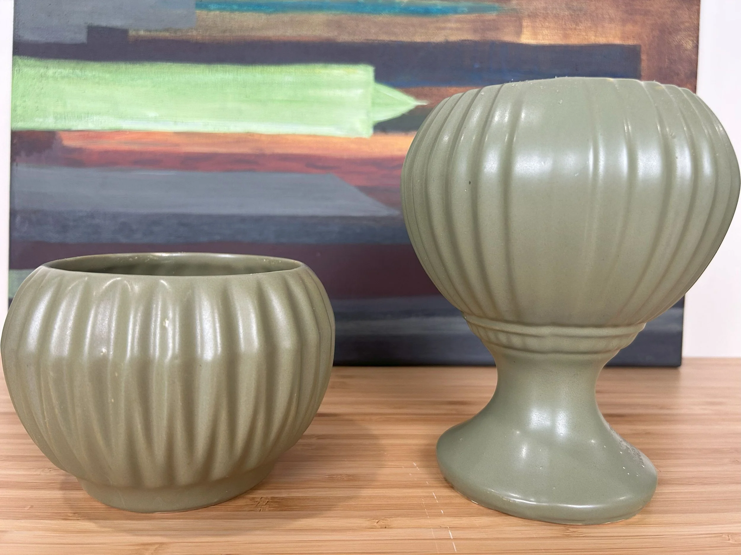 McCoy Floraline Ribbed Olive Green Vase and Bowl Set