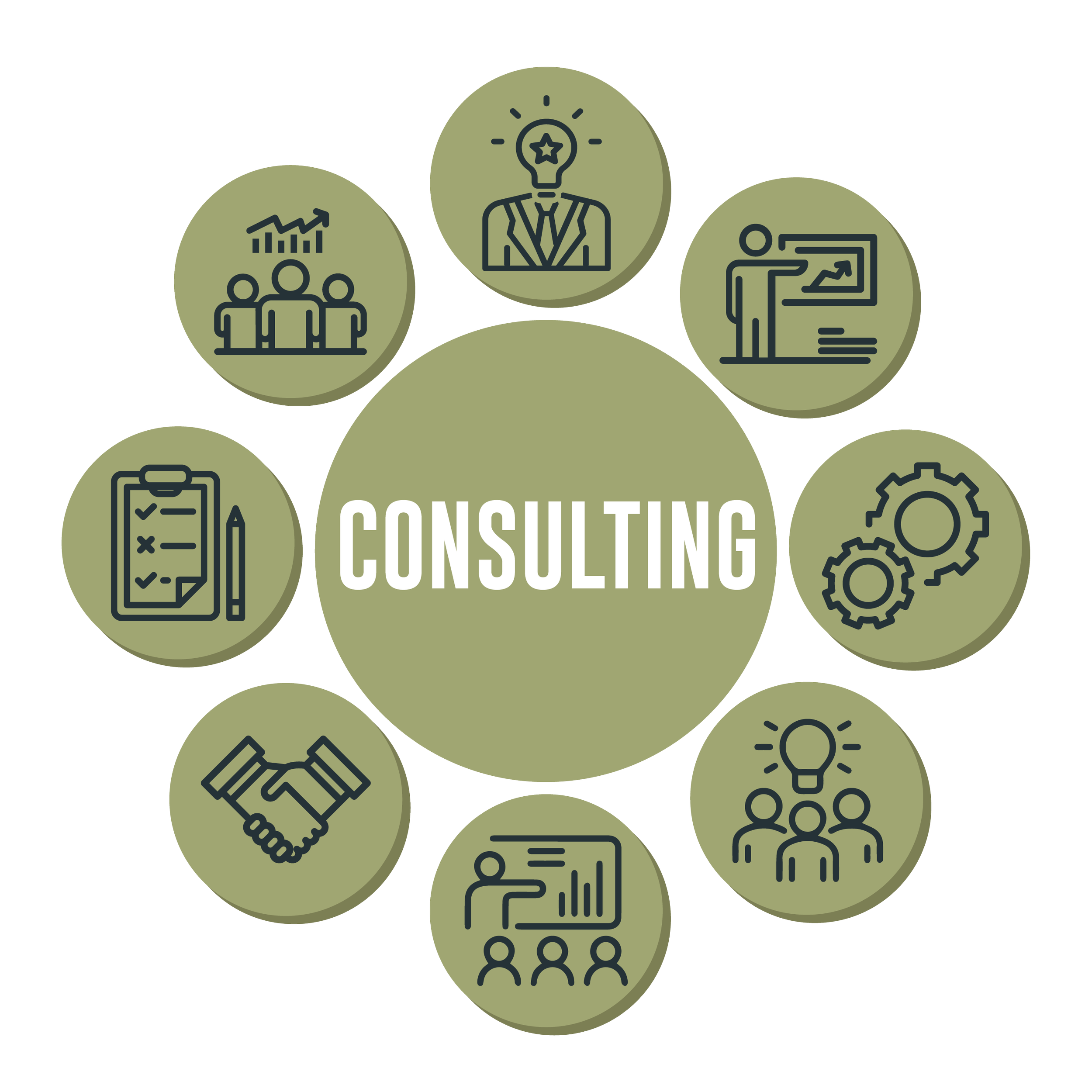 A graphic with the word 'Consulting' at the center, surrounded by icons representing business growth, ideas, training, gears, teamwork, planning, meetings, innovation, and collaboration.