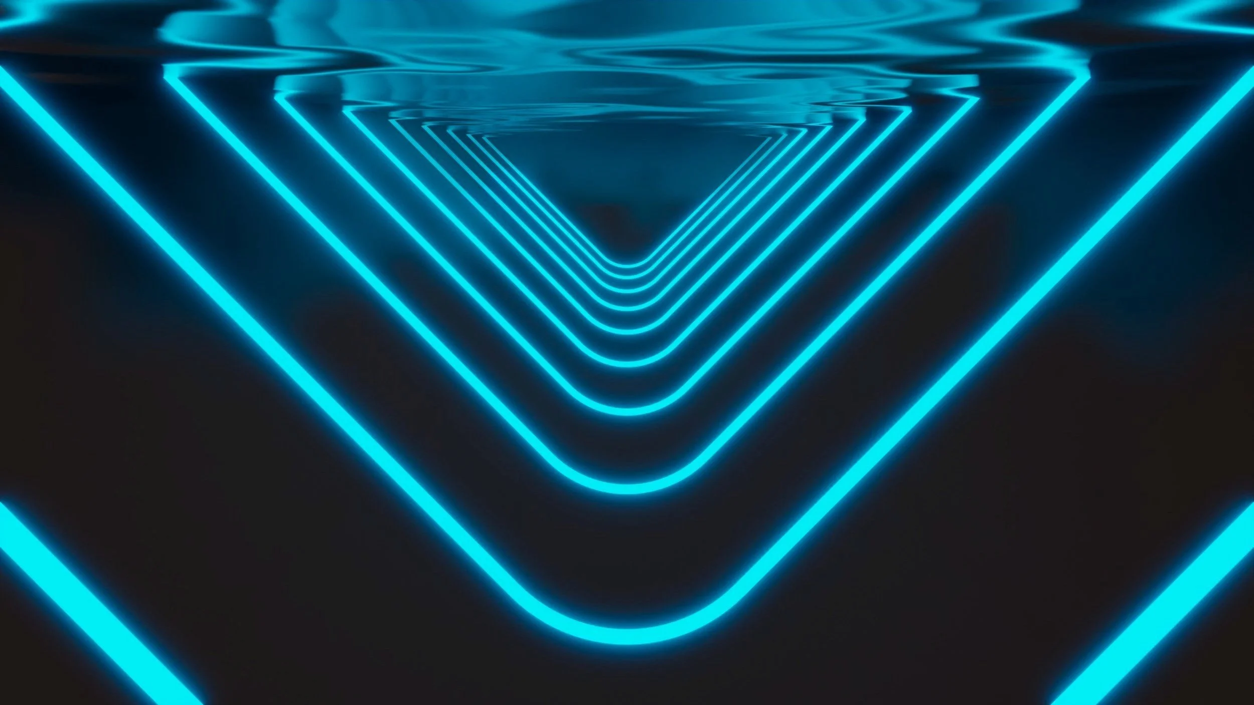 Neon blue lights forming a geometric tunnel in a dark space, creating a futuristic, glowing effect.