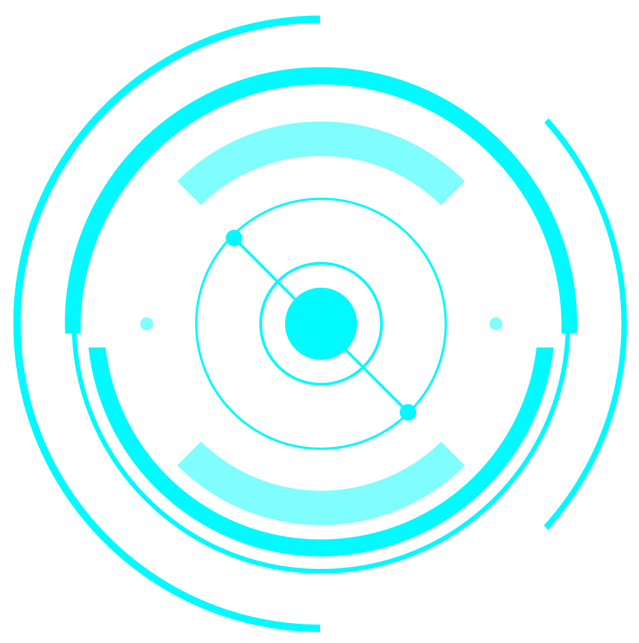 Futuristic digital radar display with concentric circles, lines, and dots in blue on black background.