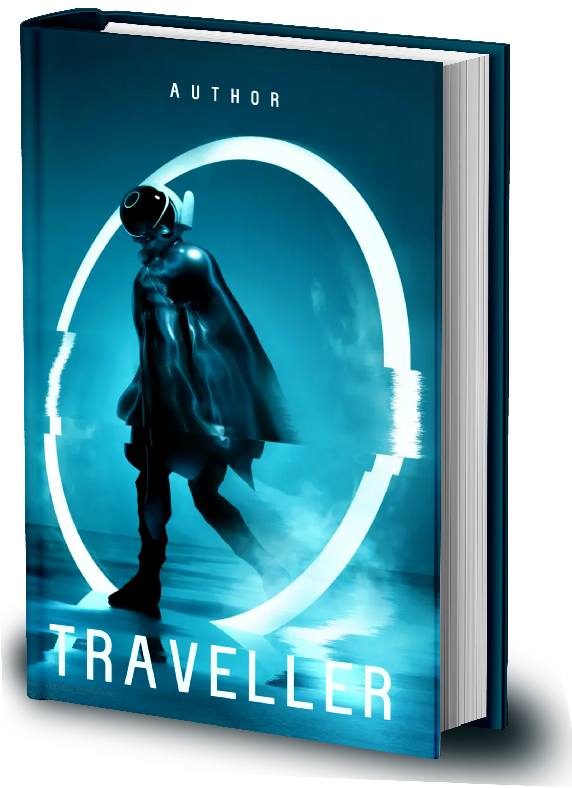 A 3D-rendered book cover with a futuristic theme. It features a robotic figure with a sleek, black helmet and a glowing, transparent body, walking along a reflective surface surrounded by fog. The background shows a large, glowing white circle and a surreal landscape with water and mist, all in shades of blue. The title "Traveller" is at the bottom in large white letters, and the word "Author" appears near the top.