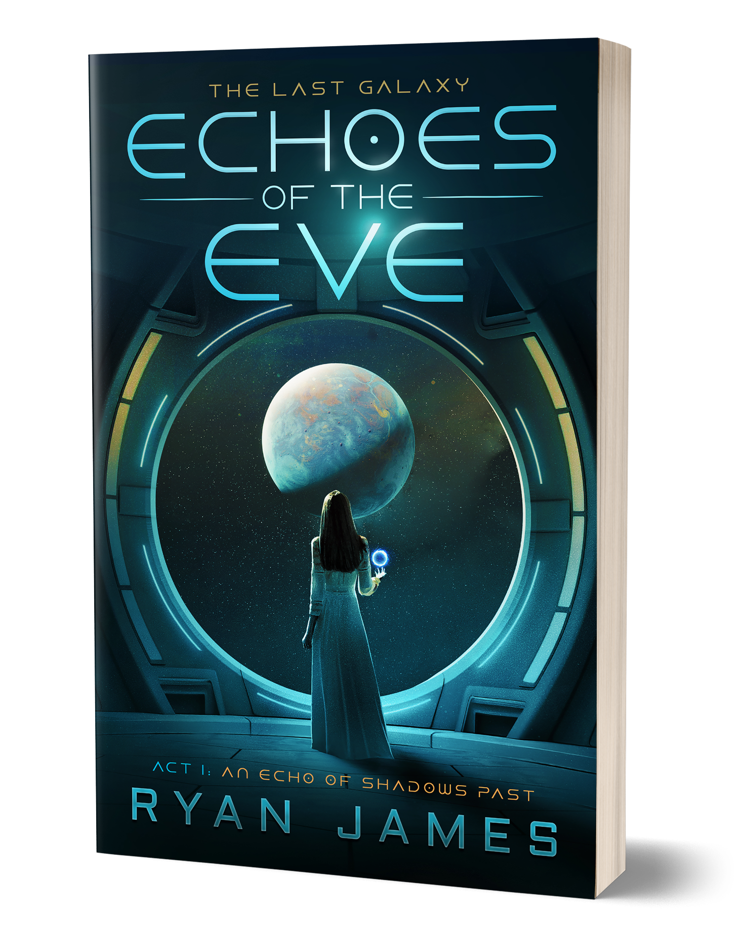 Image of the book cover--a girl looking out a spaceship window, holding a ball of energy.