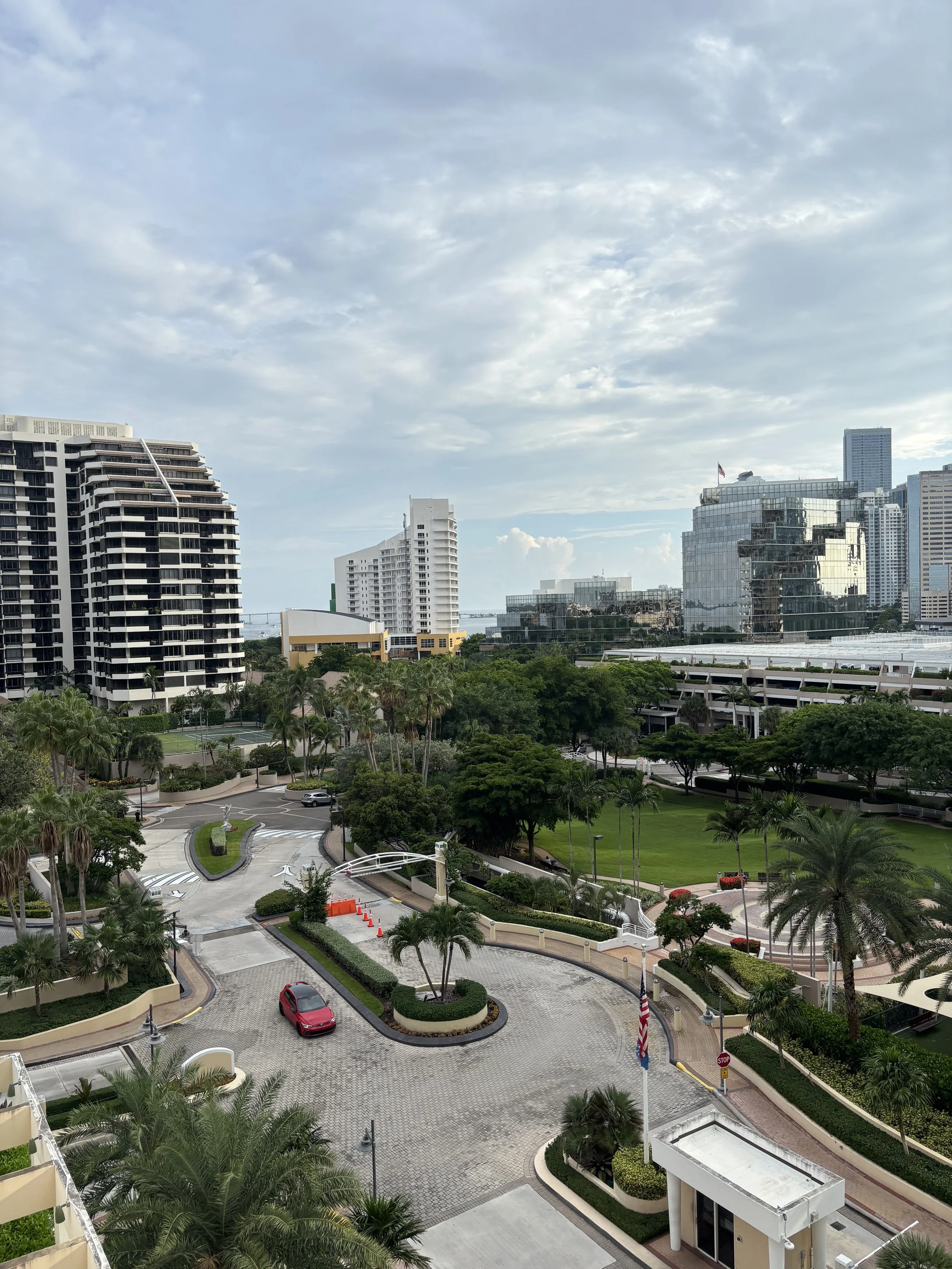 Urban cityscape with high-rise buildings, green parks, palm trees, and a curved driveway with cars.