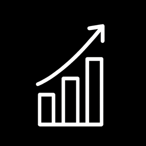 White upward trending bar chart with an arrow on black background.