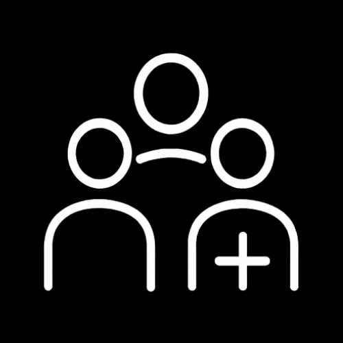 Icon representing a group of four people, with one person highlighted and a plus sign, indicating add or new member.