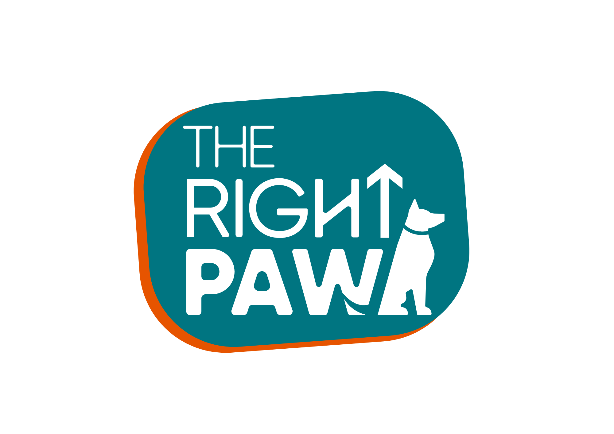 Logo con texto que dice 'The Right Paw' y silueta de un perro con una flecha hacia arriba en la cabeza