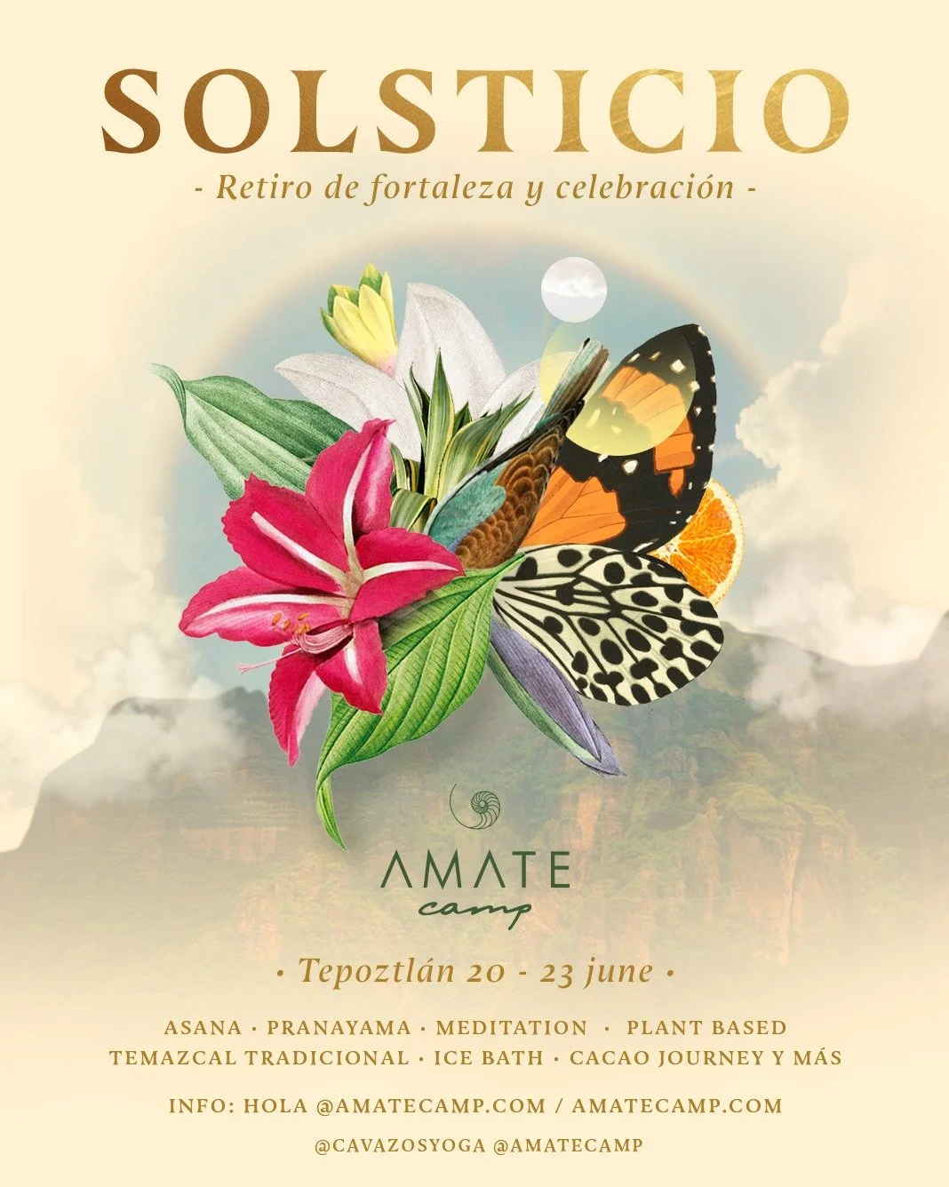 Cartel promocional de un retiro llamado SOLSTICIO en Tepoztlán del 20 al 23 de junio, con imágenes de flores, mariposas y un arcoíris, y detalles sobre las actividades y contacto del evento.
