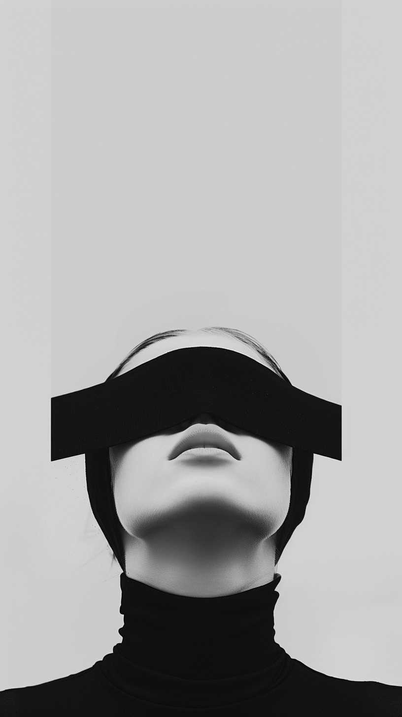A person with short hair wearing a black turtleneck and large black eyewear that covers their eyes.