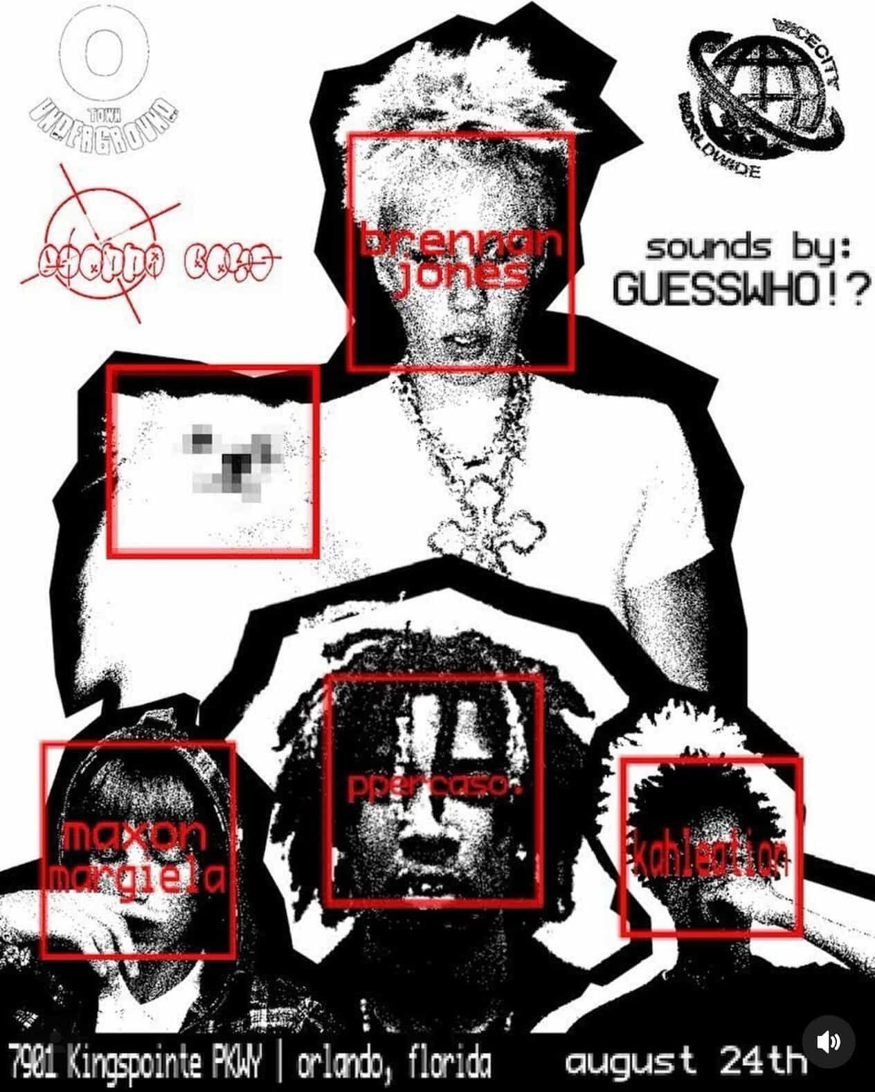 Black and white stylized collage of three people with pixelated and obscured faces, labeled: 'Brennan Jones', 'Maxon Margiela', 'Percaso', and 'Kahleation'. The background includes various graphic elements and text, such as 'sound by GUESSWHO'