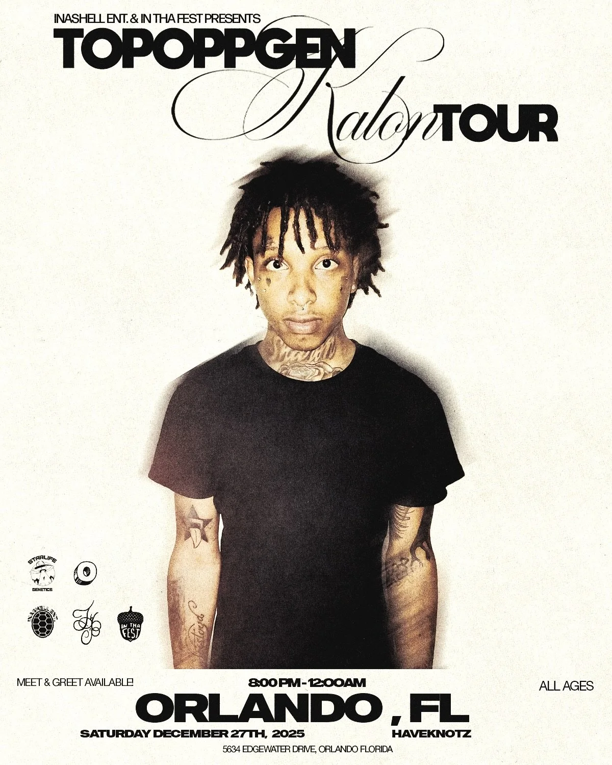 Event poster for Topoppgen Kalon Tour, dates and location details for Orlando, FL on December 27, 2025, from 8:00 PM to midnight.