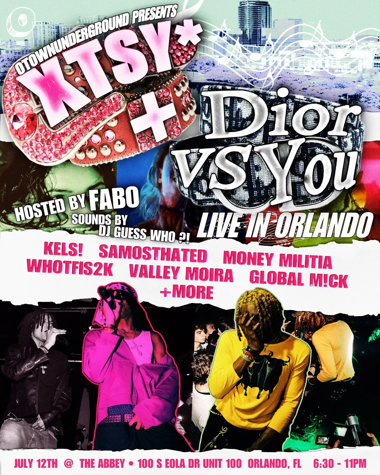 Event poster for 'XTSY*+ DIORVSYOU', a live music event in Orlando on July 12th at the Abbey from 6:30 to 11 PM, featuring performances by various artists with Fabo and DJ Guess Who.