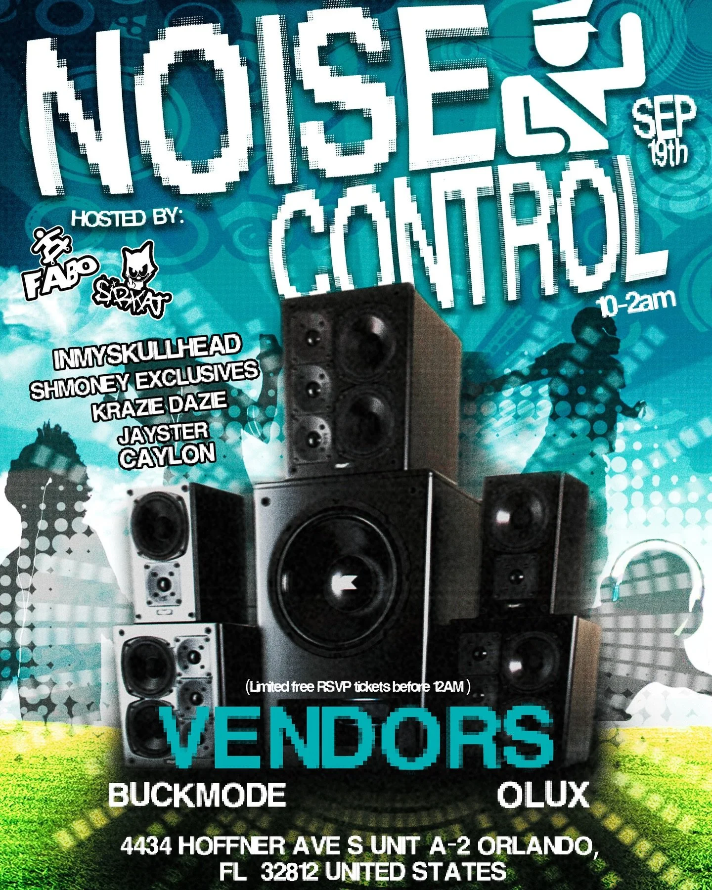Event poster for Noise Control at a club, September 19th, from 10 pm to 2 am, featuring speakers and a DJ. Hosted by Fabo and Skrizay. Featured vendors Buckmode and Olux at 4434 Hoffner Ave S, Unit A-2, Orlando, FL 32812.