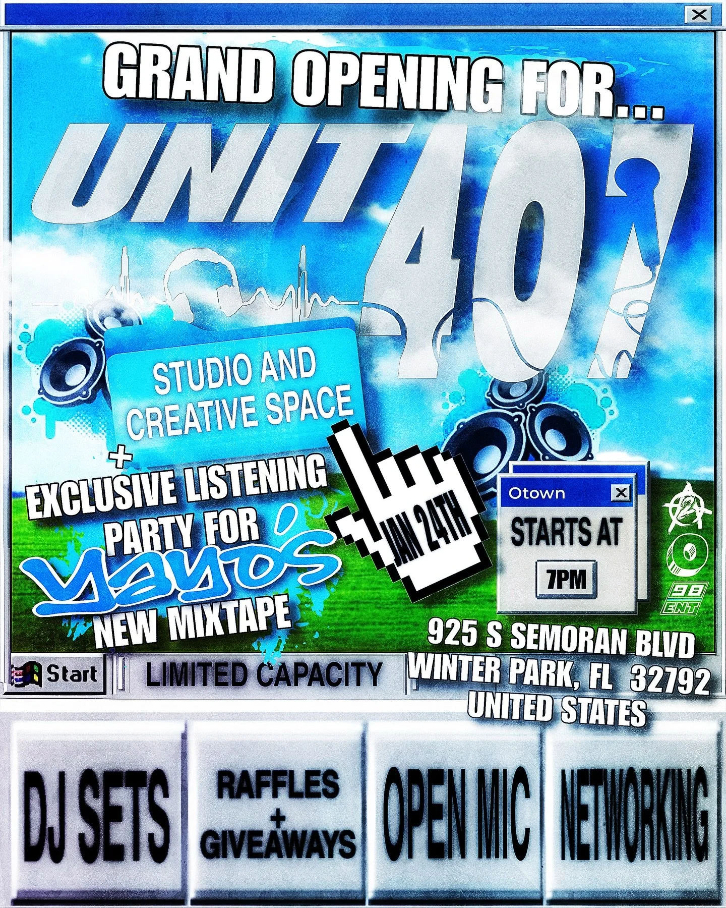 Flyer for a grand opening event at UNIT 407, with details about studio and creative space, exclusive listening party for Yayo's new mixtape, and the address 925 S Semoran Blvd, Winter Park, FL 32792. Features include DJ sets, raffles, giveaways, open mic, and networking, starting at 7 PM.