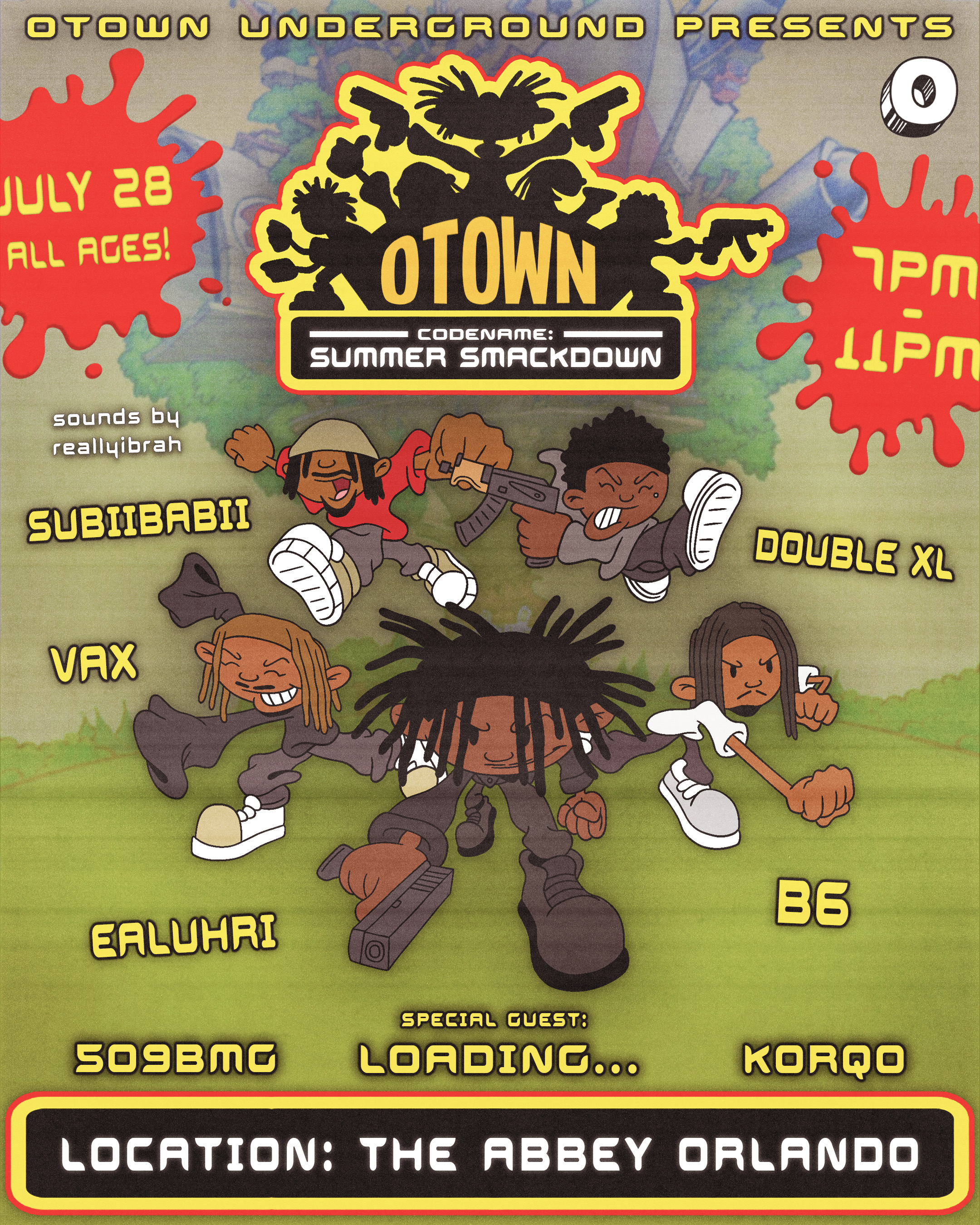 Event poster for Otown Underground presents Summer Smackdown featuring animated characters fighting with weapons in a cartoon style, with colorful text and splashes that say July 28, 1PM to 11PM, at the Abbey Orlando, with various guest names and loading and loading... text.