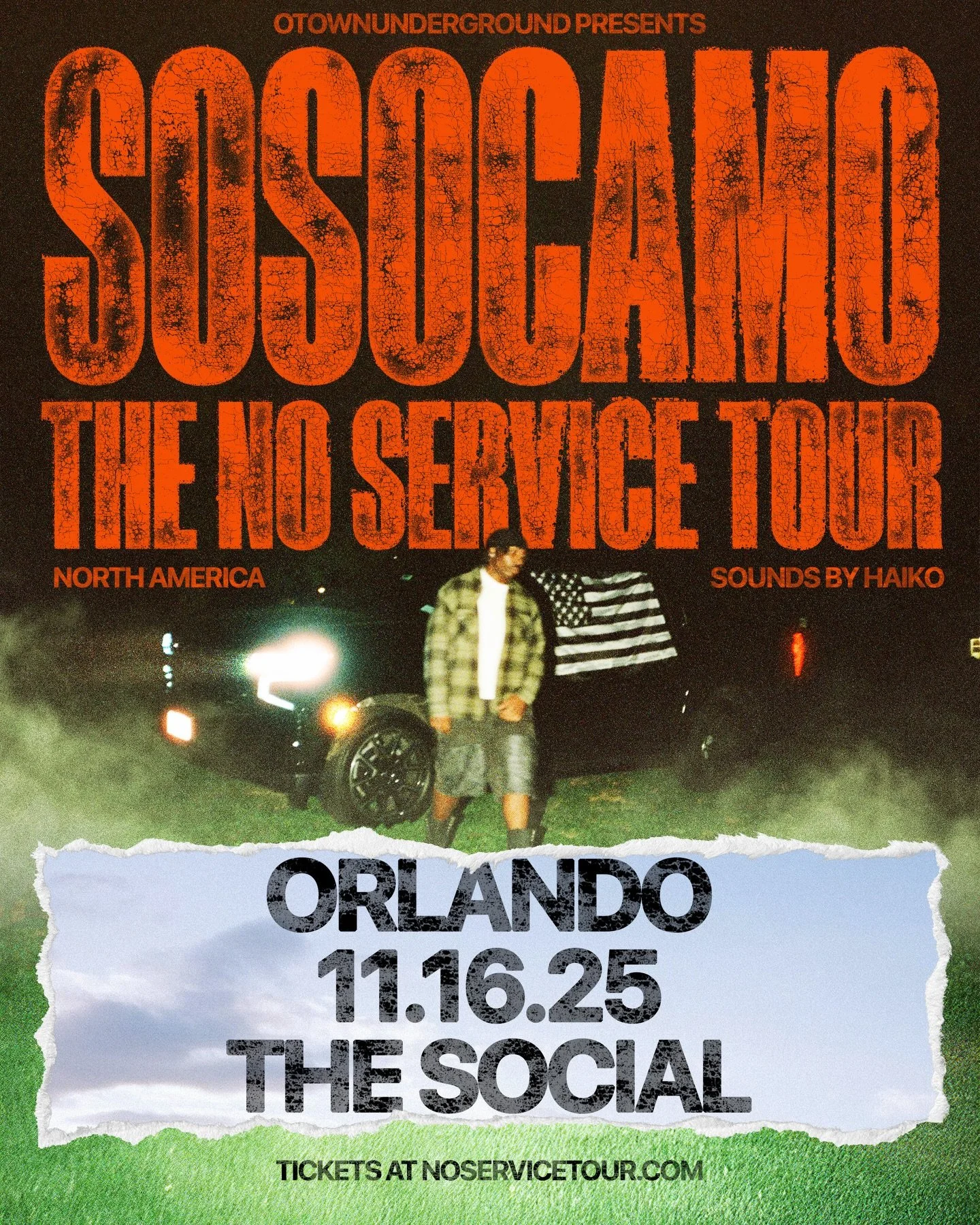 Concert poster for Sosocamoon The No Service Tour, featuring sounds by Haiko, held in Orlando at The Social on November 16, 2025. The poster has a black background with large orange and black text