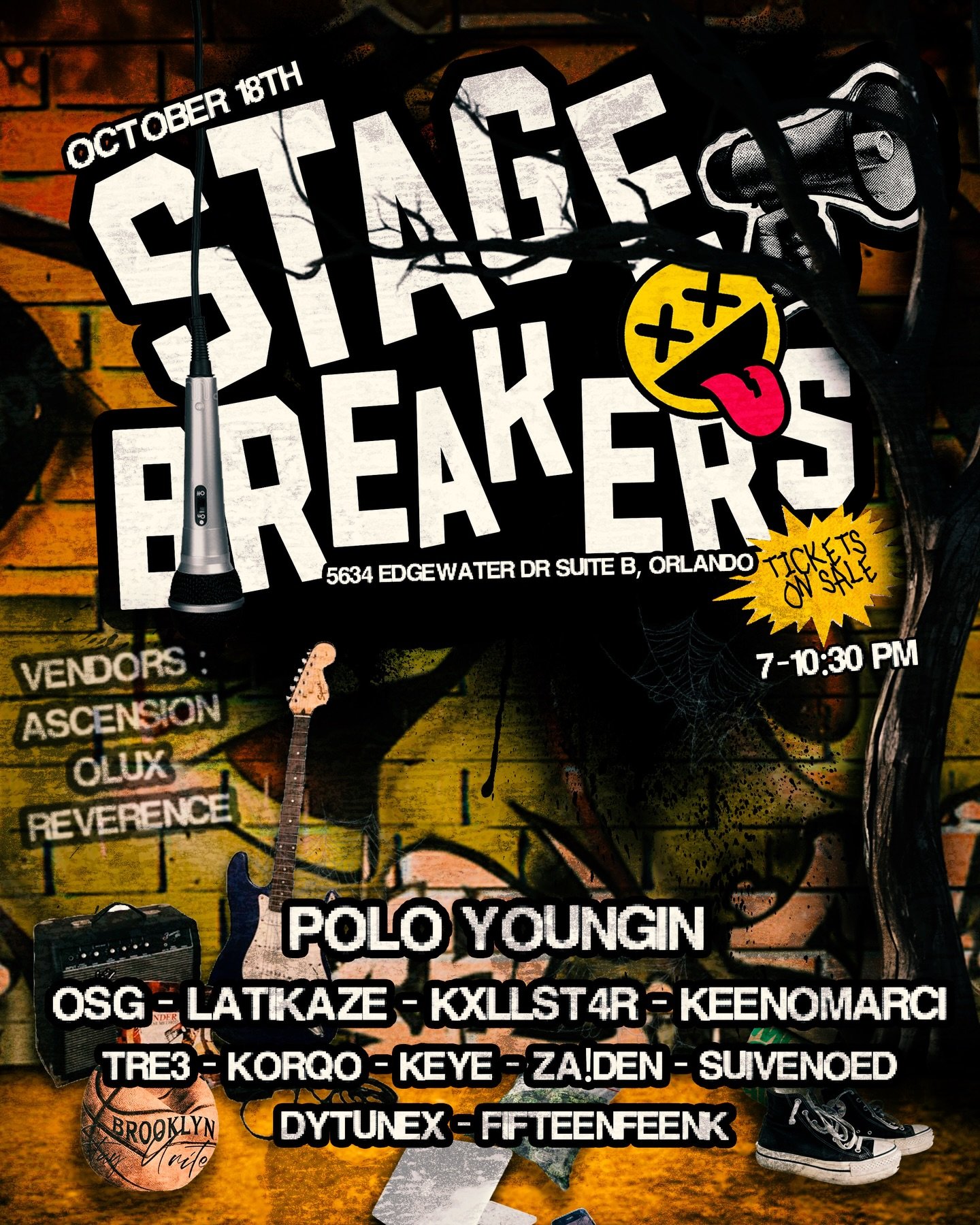 Event poster for a music event titled "Stage Breakers" on October 18th from 7 to 10:30 PM at 5634 Edgewater Dr Suite B, Orlando. The poster features a graffiti-style background with a street theme, a microphone and an electric guitar. It lists vendors including Ascension, Olux, Reverence, and Brooklyn Write, with the headlining artist Polo Youngin and featured artists OSG, Latkaze, KXlLSTAR, Keenomarci, Tree3, Koroq, Keye, Za!Den, Suivenoed, Dytunex, and Fteenfeenk. The design includes graffiti elements, a smiley face emoji with a tongue sticking out, a spiderweb, and a pair of sneakers.