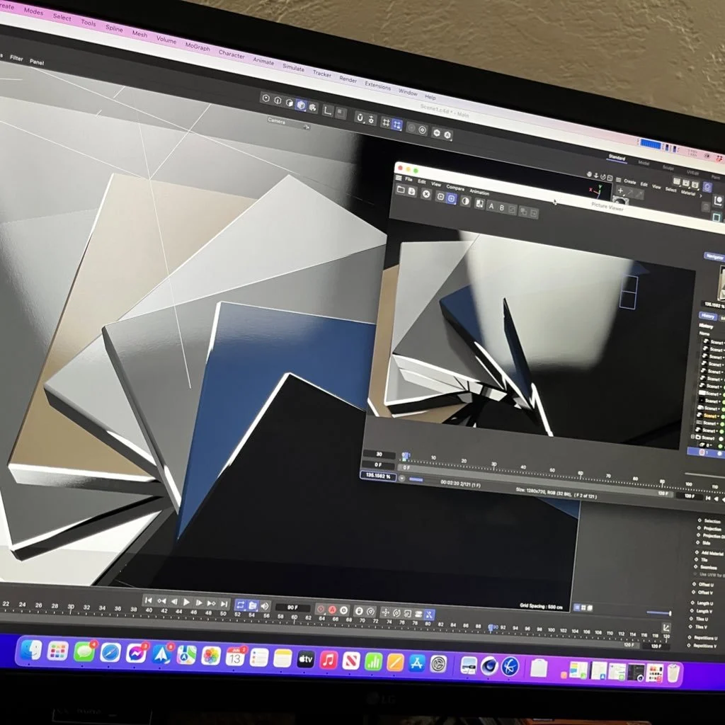 Computer screen displaying 3D modeling software with various color palette swatches and a reflective geometric object in the viewport.