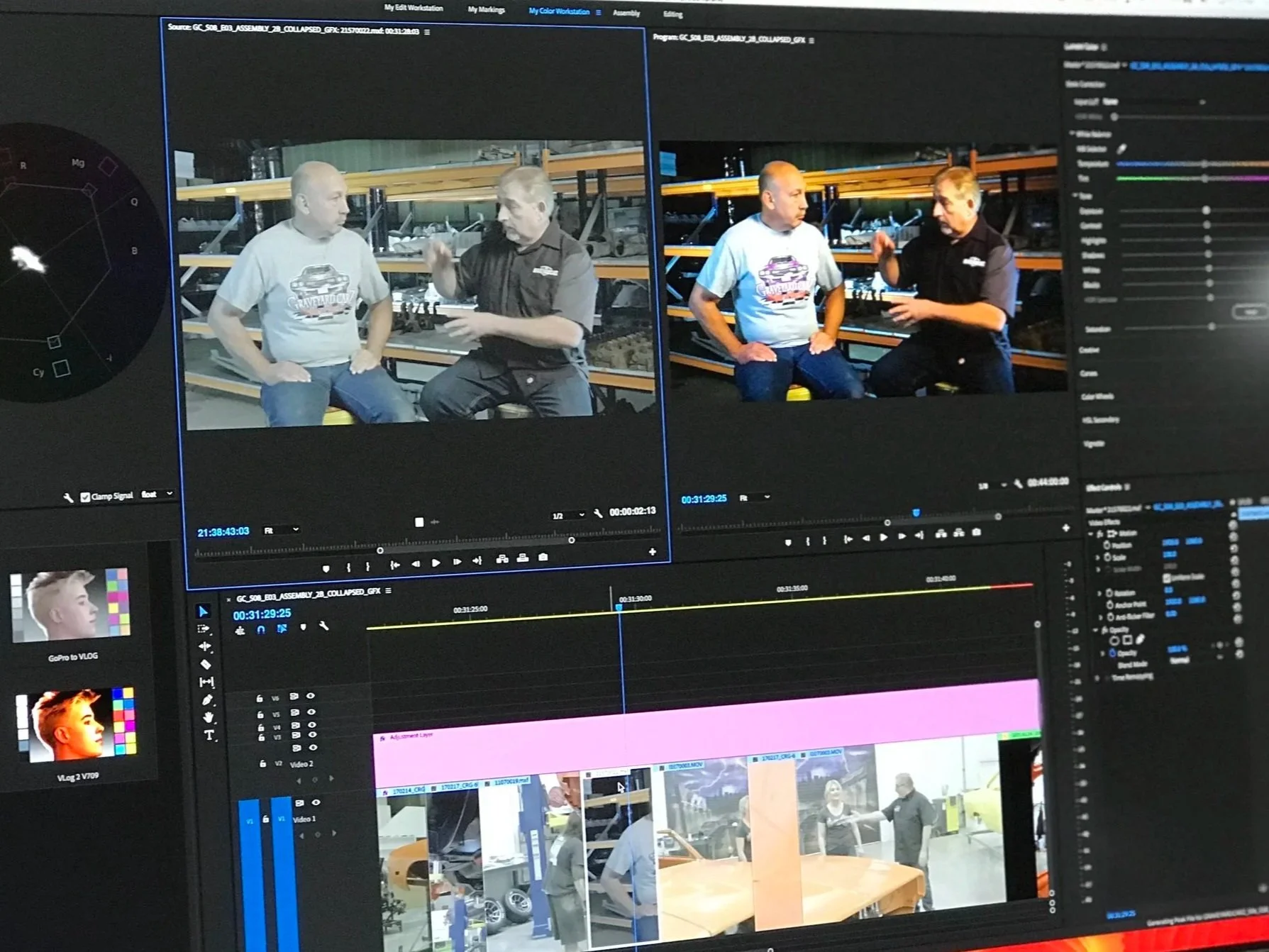 Screenshot of video editing software with two video previews of people engaged in conversation, one in a warehouse setting and the other in a showroom. The interface shows various editing tools, timelines, and color correction options.