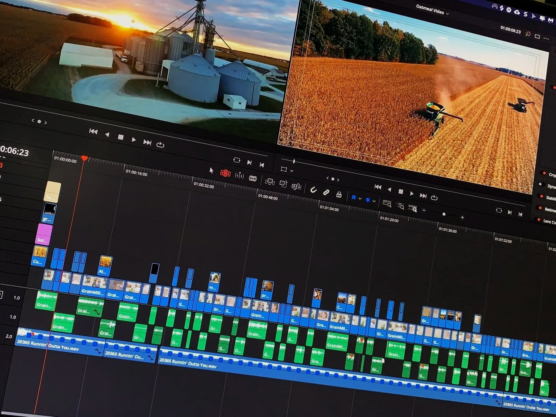 Screenshot of a video editing software displaying two video clips: one of a farm with silos at sunset and another of a wheat field being harvested with a tractor. The timeline below shows various audio, video, and transition clips.