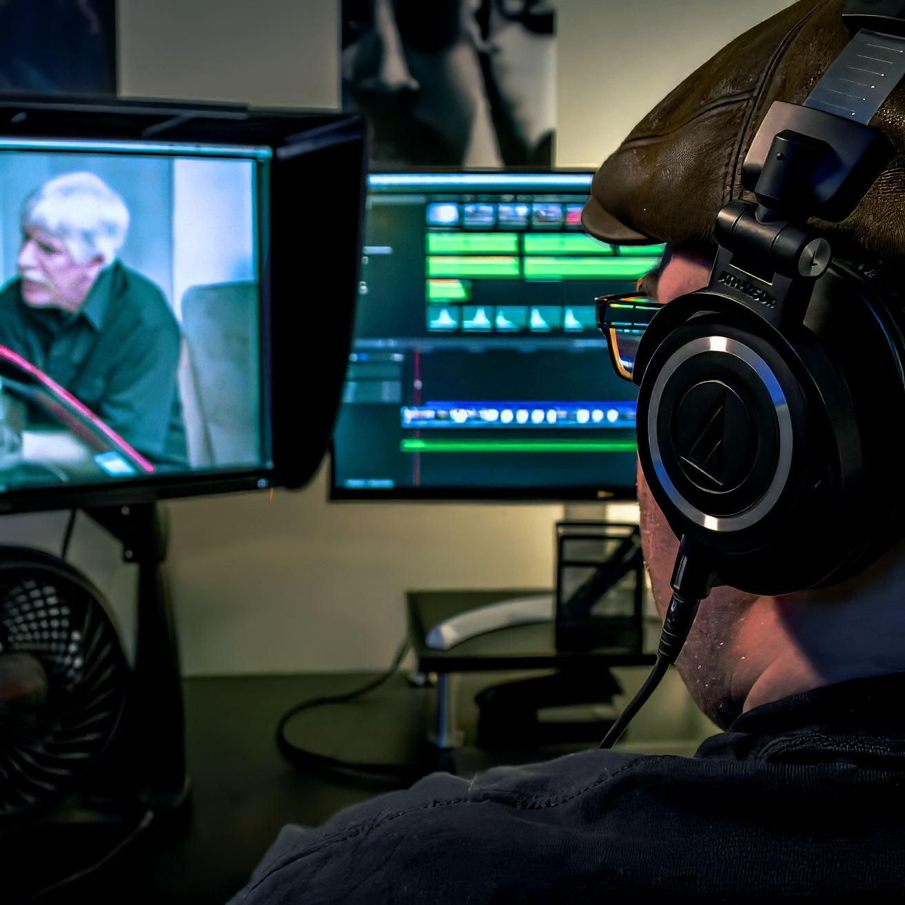 A person wearing headphones and glasses working on video editing or color grading on a computer with dual monitors, one showing a man and the other showing a digital video editing timeline.
