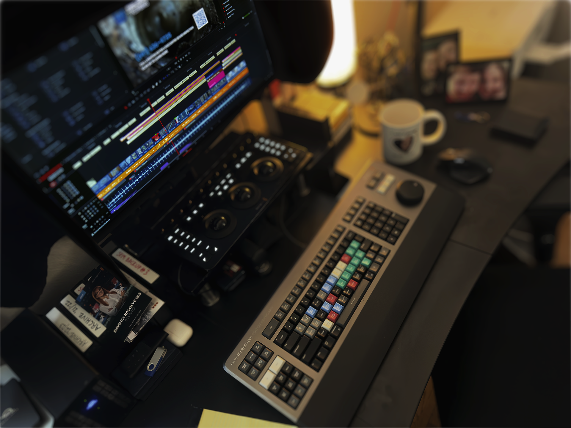 Studio setup with a computer screen displaying audio editing software, a controller with colorful keys, desk items including a mug, photos, and various media equipment.