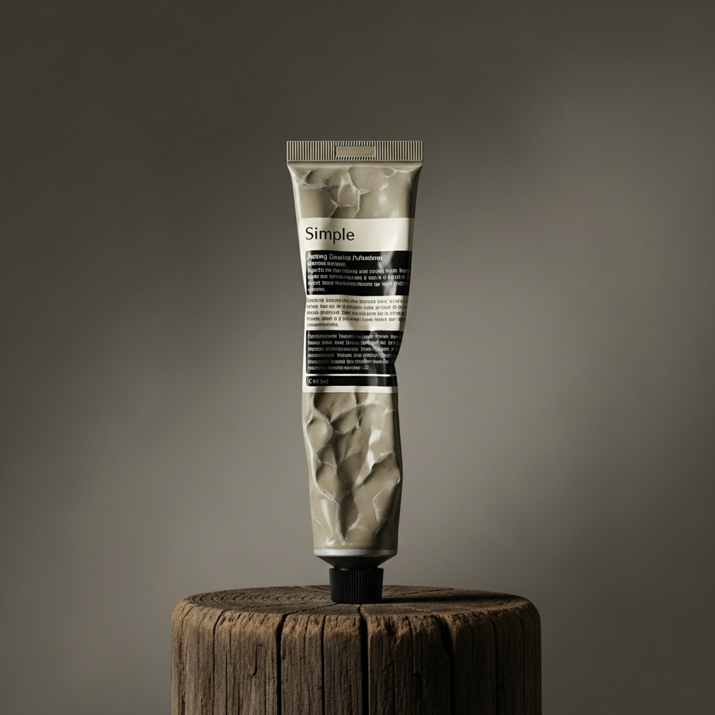 A tube of beige paint or cream with black and white label, standing upright on a wooden surface with a dark background.