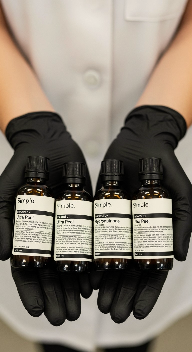 Person wearing black gloves holding four small brown bottles with black caps labeled with barcodes and text.