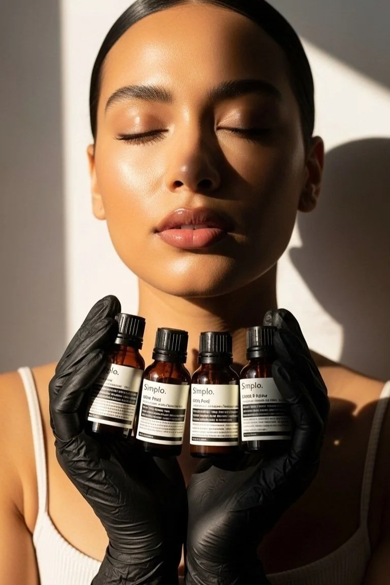 A woman with closed eyes and smooth skin holding four small amber bottles labeled 'Simplo' in black gloves, with shadowed lighting.