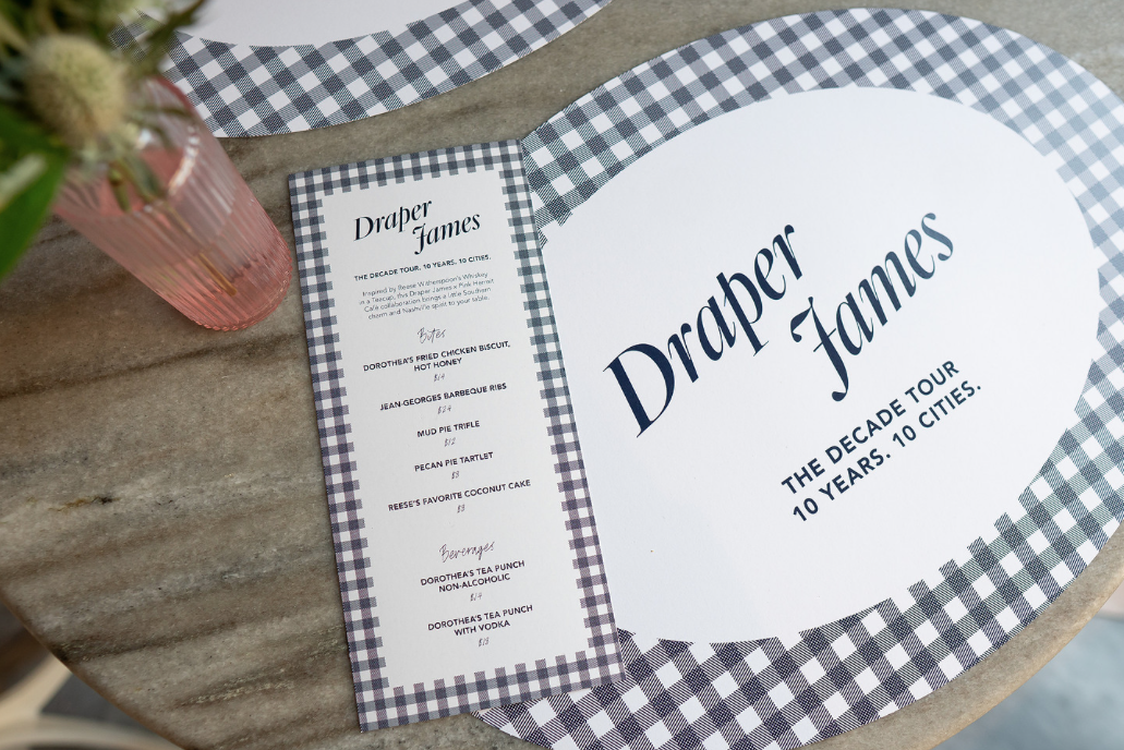 Custom Draper James branded menu card and placemat