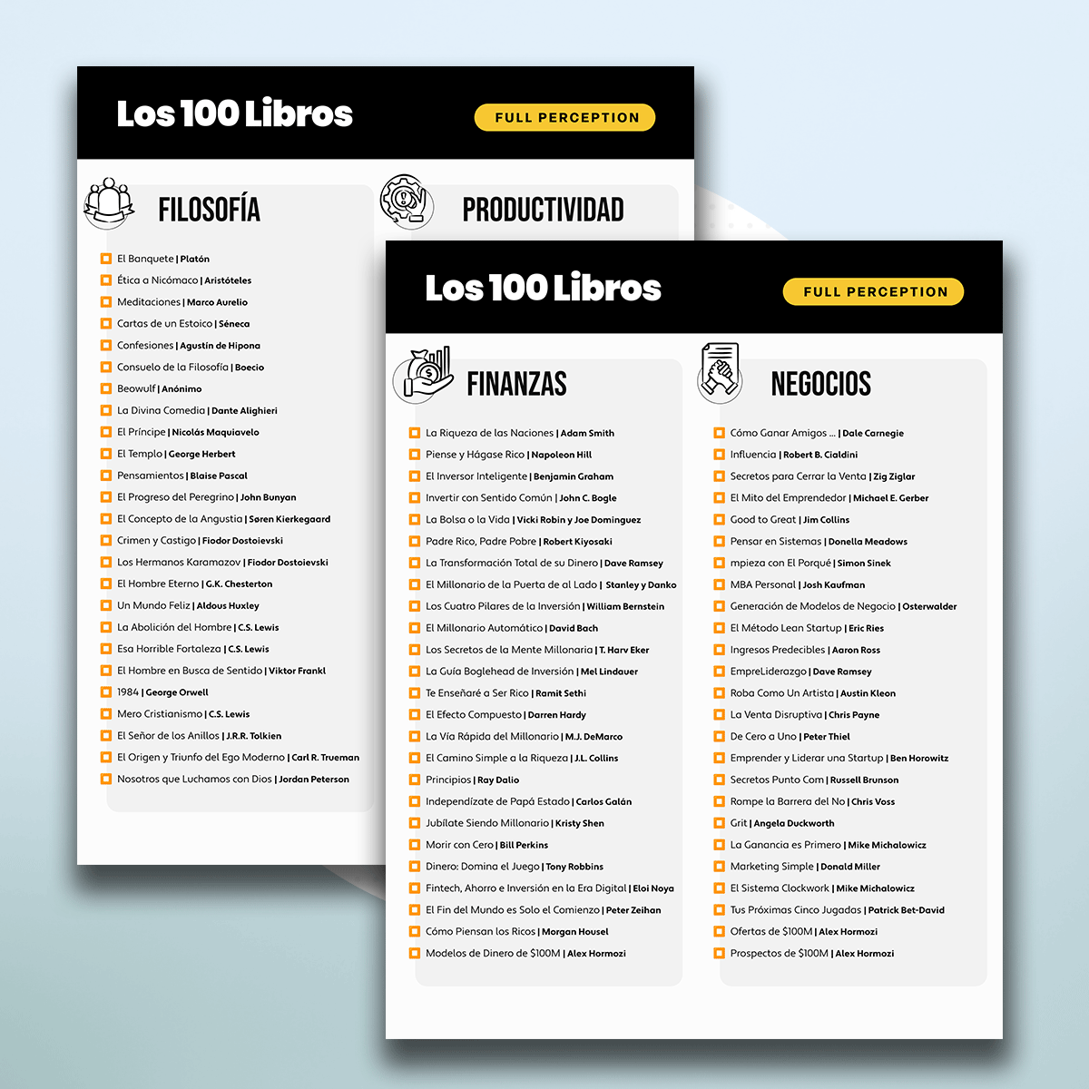 Dos páginas de una lista titulada "Los 100 Mejores libros de desarrollo personal" con 4 categorías: Libros de Filosofía, Libros de Productividad, Libros de Finanzas Personales y Libros de Negocios, cada una con nombres y autores de libros destacados.