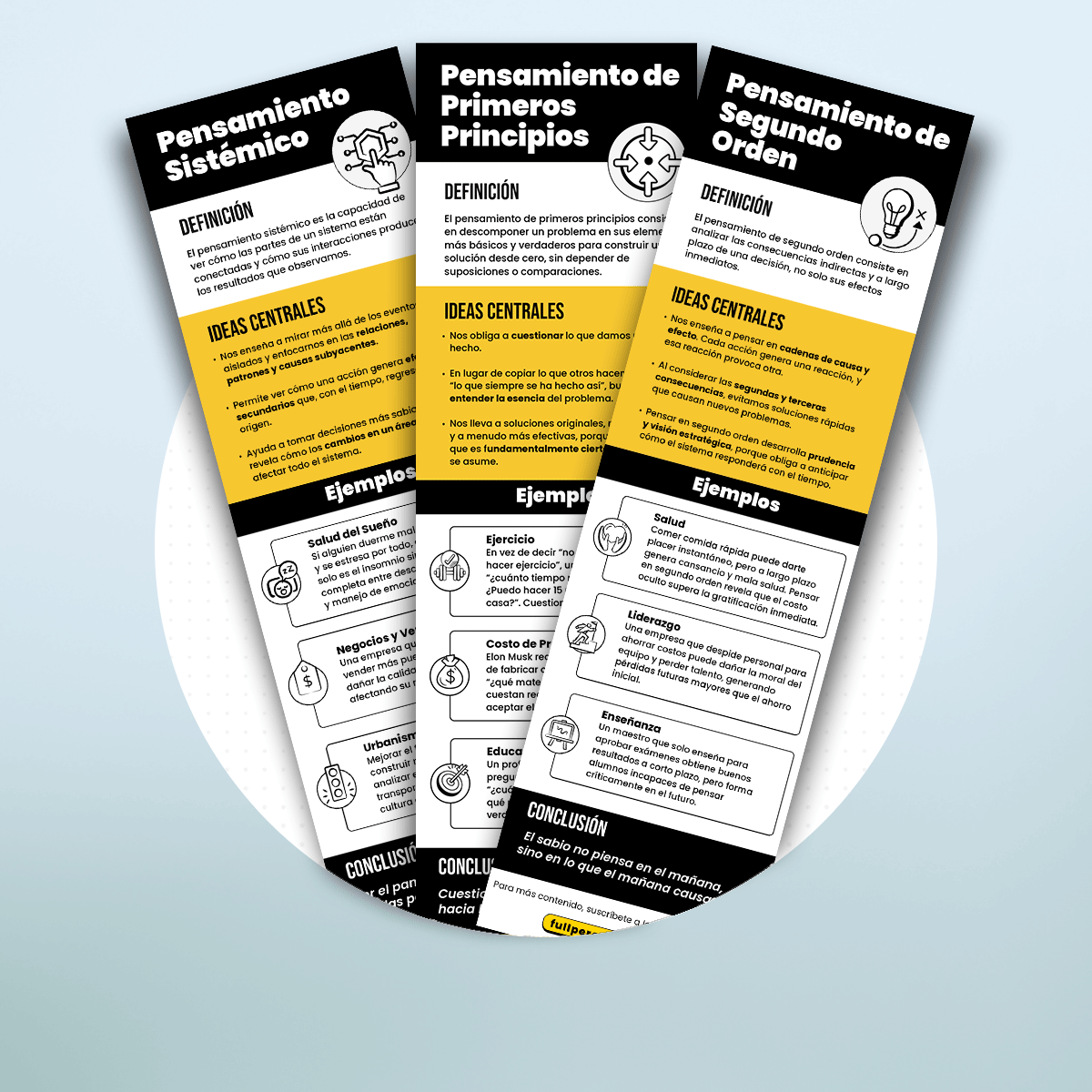 Tres folletos mostrando modelos mentales, incluyendo: el pensamiento sistémico, el pensamiento de primeros principios y el pensamiento de segundo orden.