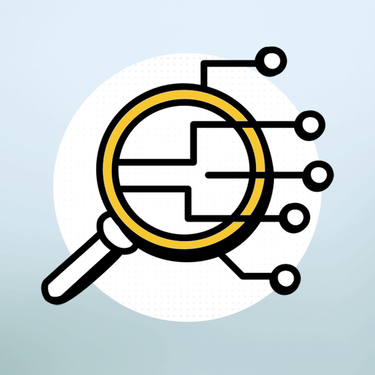 Ilustración de una lupa inspeccionando un circuito eléctrico o componente de tecnología, con conexiones y puntos destacados.