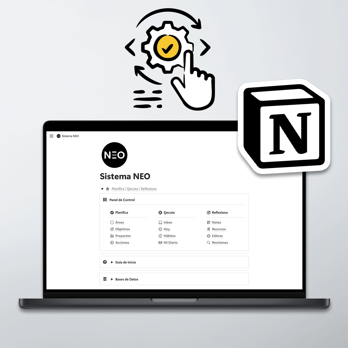 Pantalla de computadora portátil mostrando la interfaz de Sistema NEO con iconos y opciones de menú en blanco y negro, junto a ilustraciones de engranaje, clic y el logotipo de Notion.