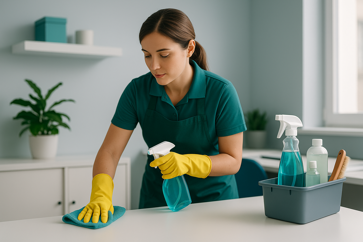 Woman in teal shirt and yellow gloves cleaning a white surface with a blue microfiber cloth, with cleaning spray bottles on the counter next to her in a clean, well-lit room.