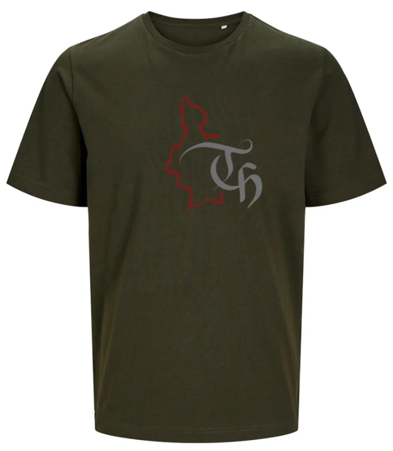 Dunkelgrünes T-Shirt mit rotem Landesumriss und grauem modernen Schriftzug in der Mitte.