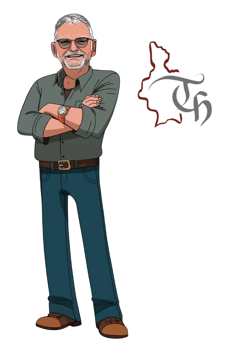 EinIllustration eines Mannes mit grauem Haar, Sonnenbrille, grauem Hemd, blauer Jeans und braunen Schuhen, der mit verschränkten Armen steht, neben einer stilisierten Karte von Deutschland mit einem Akronym.