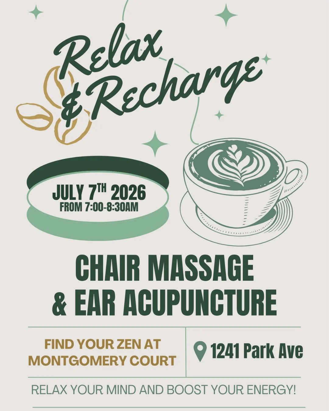 🍃💧Relax &amp; Recharge 🍃💧
Boost Your Energy with a Chair Massage &amp; Ear Accupuncture! Christie from Rain Bodywork and Doug from McLver Accupuncture, will be hosting a relaxing session with complementary coffee to help jumpstart your day on Jul