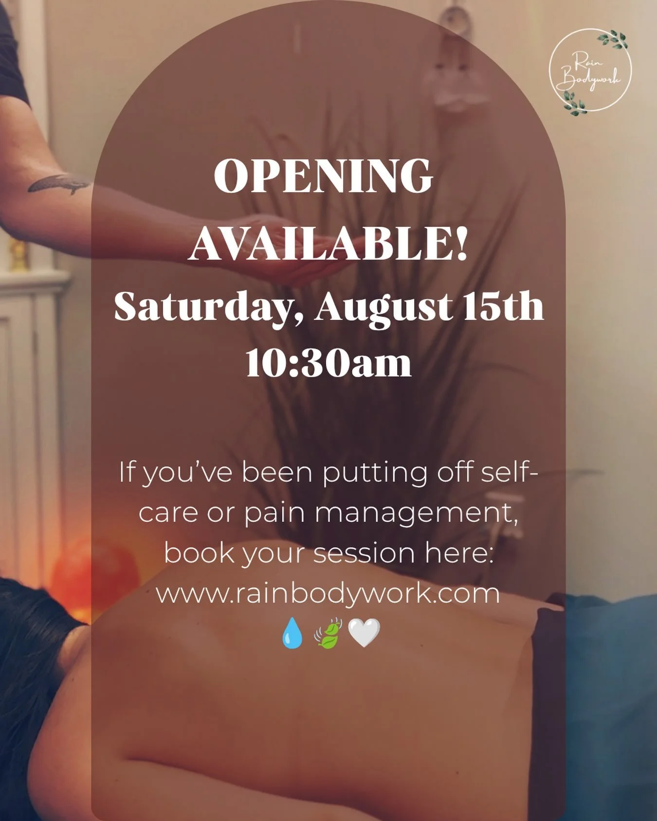 ONE MORE SATURDAY OPENING! 💧
🗓️ Saturday, August 15th
🕥 10:30am 

🍃 If you&rsquo;ve been putting off self-care or pain management, book below ⬇️ 
🌐Book Your Session: www.rainbodywork.com 

#rainbodywork #massagetherapy #rochestermassage #onesess