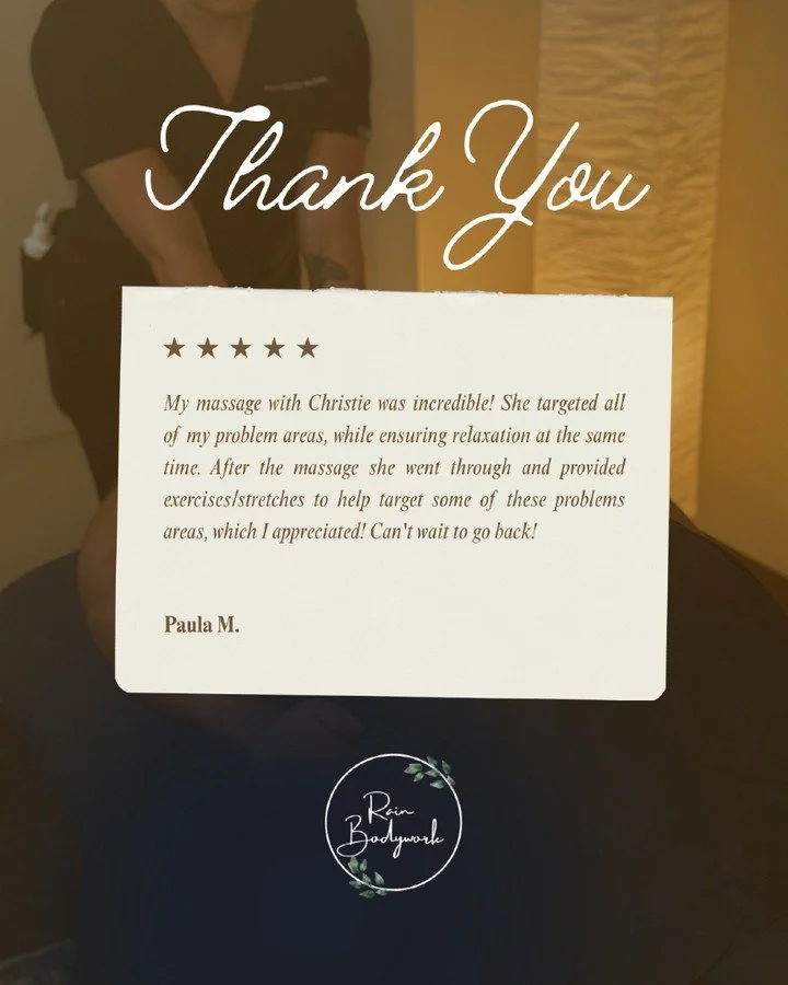 Your Experience Matters to Us 💙💧

We&rsquo;re incredibly grateful for every client who trusts Rain Bodywork with their care, and for the kind words shared afterward. Each session is personalized around your comfort, goals, and what your body needs 