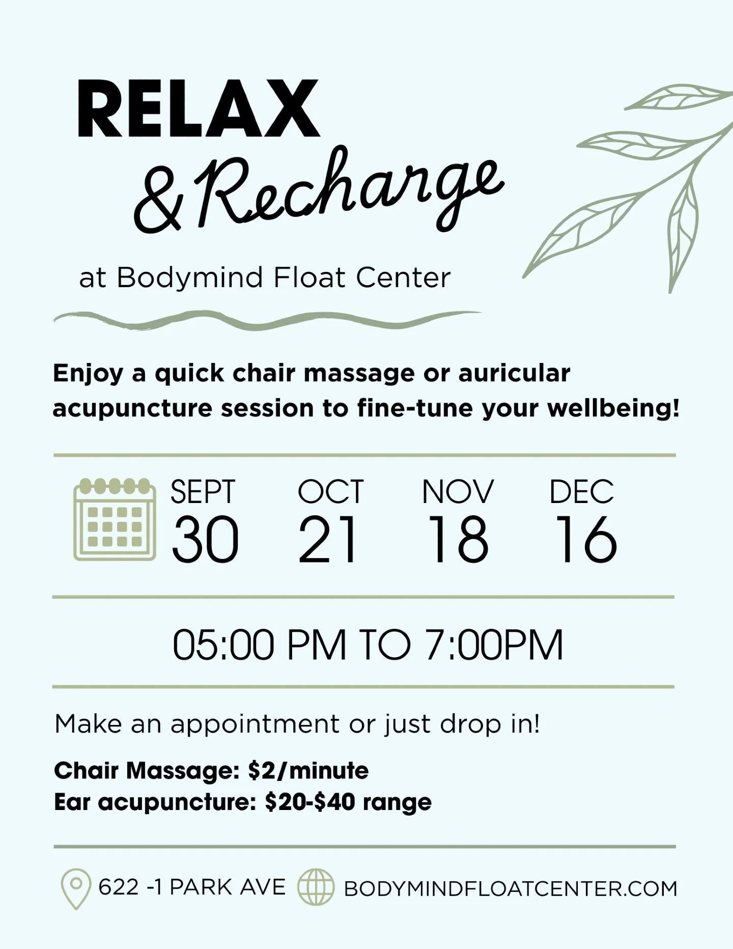Looking for a little Midweek Reset? 🌿
Join Rain Bodywork at Bodymind Float Center for a quick chair massage or auricular (ear) acupuncture session.

📅 September 30, October 21, November 18 &amp; December 16
🕔 5&ndash;7 PM
📍 622-1 Park Ave
💆 Chai