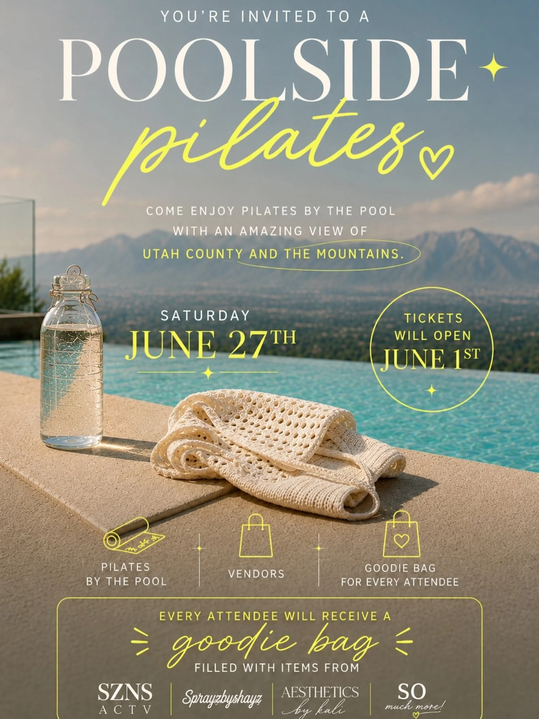 ✨ YOU&rsquo;RE INVITED ✨

Join us for an unforgettable morning of movement, sunshine, and self care at our Poolside Pilates event ☀️🌊

Think:
💛 Pilates by the pool
💛 Stunning mountain views
💛 Local vendors
💛 A curated goodie bag for every attend